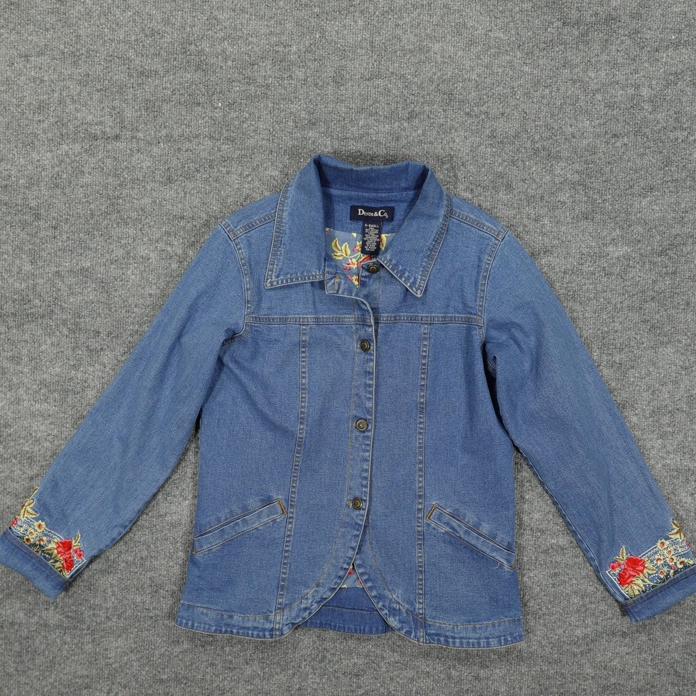 Denim & Co Jacket Womens XS Blue Denim Floral Embroidered Cuff Stretch Lined